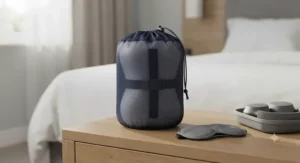 A compact, portable contoured knee pillow packed inside a travel bag for maintaining sleeping posture away from home.