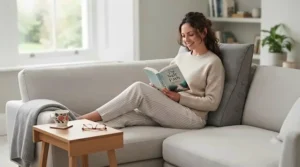 Lightweight portable reading wedge being moved easily from a bedroom to a living room sofa.