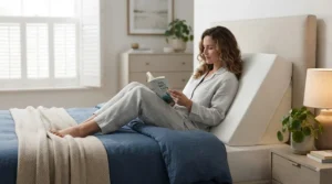 Medical-grade foam bed wedge pillow supporting the upper body and head for post-operative recovery and physiotherapy.