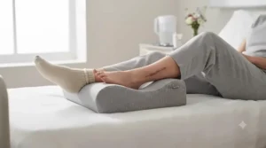 Leg elevation cushion supporting a recovering patient's legs post-surgery to aid healing and manage swelling.