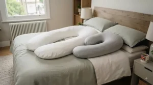 New mother using the flexible J-shaped maternity pillow as a comfortable nursing and feeding support.