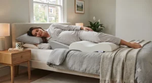 Expectant mother using a leg spacer pillow to ease back and pelvic discomfort at night.