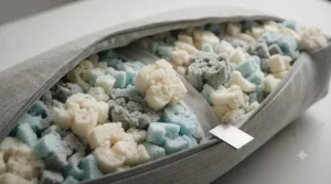 Close-up of premium shredded memory foam filling inside a high-quality reading cushion to demonstrate breathability.
