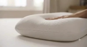 Illustration of a side sleeper using a memory foam knee pillow to relieve pressure on the hip joint and prevent the upper leg from pulling the spine out of alignment.