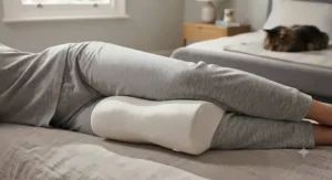 Diagram illustrating correct spinal alignment for a side sleeper using a contoured knee pillow to reduce hip and lower back strain.
