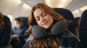 Side sleeper using a firm wrap-around neck pillow to prevent head drop on a flight.