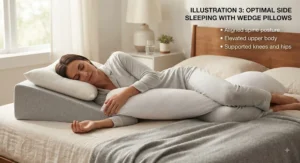 Side sleeper using a contoured wedge pillow and a supportive body pillow to maintain proper spinal alignment throughout the night.