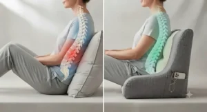 Graphic comparison showing improved posture using a reading pillow for back pain.