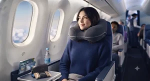 Lightweight aeroplane pillow for long haul convenience, securely attached to a carry-on rucksack.