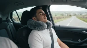 Traveller relaxing with a supportive neck pillow in the passenger seat of a car during a UK road trip.