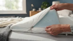 Removable, machine-washable outer cover being zipped off a white wedge pillow for GERD.