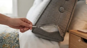 Machine-washable zipped cover being removed from a durable bed reading wedge.