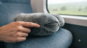 Hands unzipping the removable, machine-washable outer cover of a cheap travel pillow for easy cleaning.