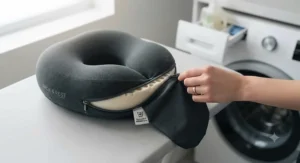 A travel pillow with its removable, zip-off cover half-unzipped for easy machine washing.