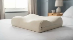 Ergonomic knee pillow featuring a soft, breathable, and removable zipped cover resting on crisp cotton bed linen.