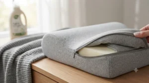 Breathable, removable, and washable cover zipped off a supportive foam leg elevation pillow.