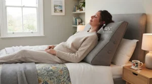 Upper body elevation provided by a firm wedge pillow to help reduce acid reflux symptoms at night.