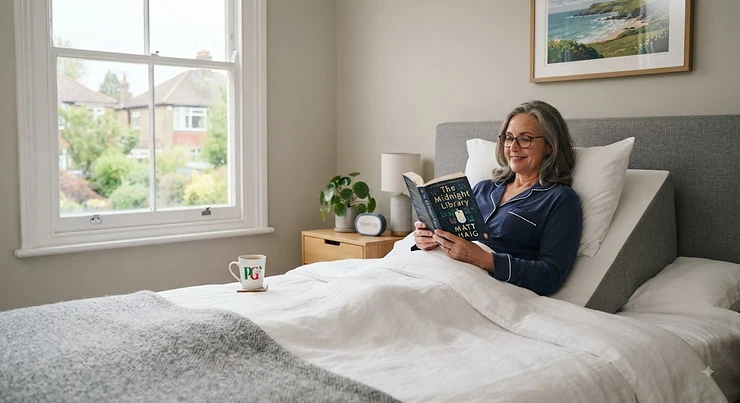 Supportive wedge pillow for sleep apnoea arranged on a neatly made bed in a modern bedroom, helping to elevate the upper body for better breathing. wedge pillow for sleep apnoea