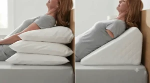 Infographic comparing a single supportive wedge pillow for GERD against poorly aligned stacked traditional pillows.