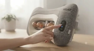 User hand adjusting the simple power and intensity settings on a multi-speed heated massage pillow.