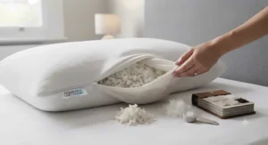 Close-up of a standard pillow showing adjustable filling options to suit individual side sleeping preferences.