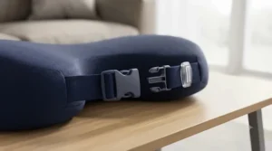 Close-up of an adjustable travel pillow for side sleepers showing the clip fastening.