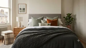 Cosy autumn-winter UK bedding look featuring layered throws and a textured European square pillow[cite: 8]