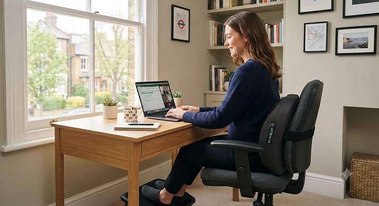 Ergonomic back massage pillow attached to an office chair, providing lumbar support for a workspace setup. back massage pillow for chair