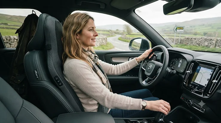 Ergonomic massage pillow for a car seat secured to a leather driver's chair, designed for back pain relief during long UK commutes. massage pillow for car seat