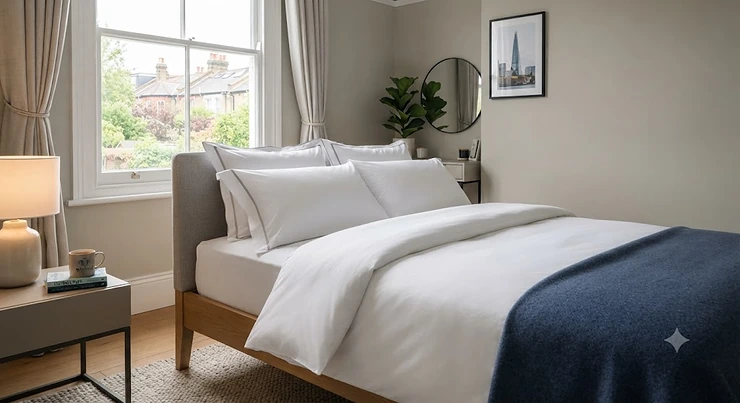 A neatly made UK double bed featuring a selection of the best standard pillows arranged with crisp white bed linen. best standard pillows