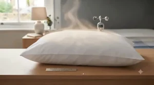 Illustration of airflow through a breathable 100% cotton cover on a firm super king pillow for a cool night's sleep.