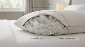 Close-up of breathable microfibre filling inside a supportive super king pillow tailored for side sleeping.