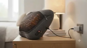 A portable massage pillow plugged into a car adaptor, providing comfort during long distance driving.