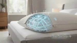 Cool-touch fabric and internal airflow channels on a luxury super king pillow for a sweat-free night's sleep.