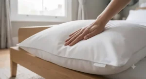 Zipped 100% cotton standard pillow protector placed over a feather-and-down pillow.