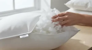 A luxurious 100 percent duck-feather square cushion pillow insert being hand-chopped to create a traditional designer crease[cite: 8]