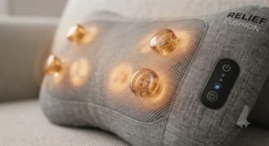 Close-up of rotating massage heads glowing softly to highlight the built-in heat function on an electric back and neck massager.