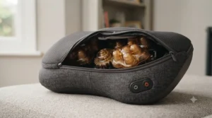 Close-up of a contoured massage pillow showing dual-direction rotating nodes designed for targeted lumbar support.