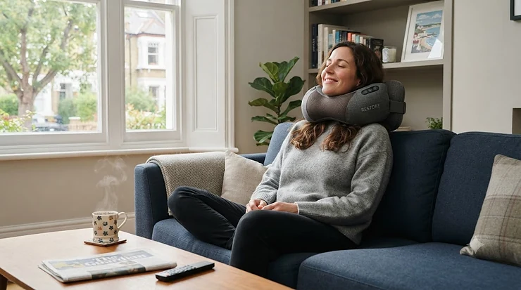 Ergonomic neck massage pillow resting on a grey sofa in a modern British living room. neck massage pillow