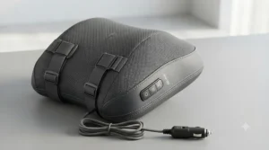 Labeled diagram highlighting the mesh fabric, strapping system, and control buttons of a massage pillow for a car seat.