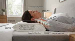 Cross-section view of a firm super king pillow showing correct spinal alignment for a side sleeper.