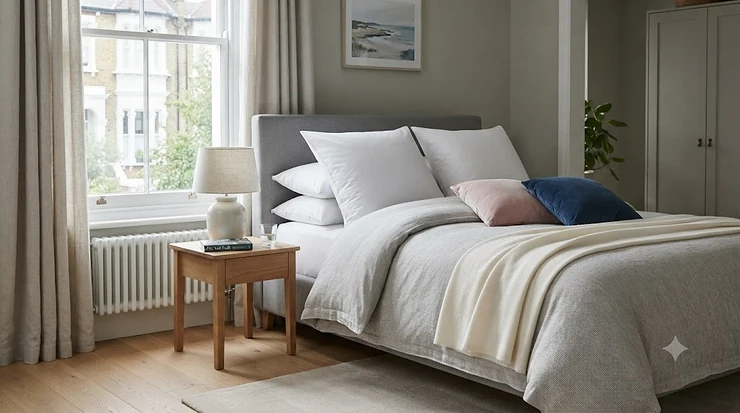 Luxury European square pillows styled on a neutral-toned master bed in a British home. european square pillows
