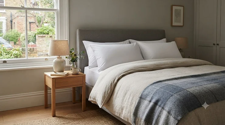 A firm super king pillow styled on a luxury British bed, offering optimal neck support for side sleepers. firm super king pillow