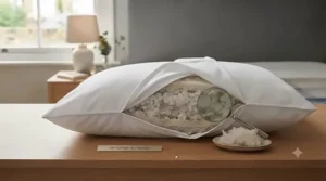 Cross-section graphic of a firm super king pillow showing high-density filling for superior neck and head support.
