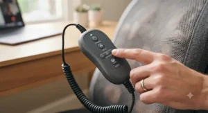 Hand operating the wired remote control for a heated back massage pillow.