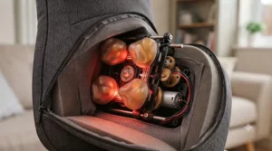 A close-up photograph of the internal Shiatsu massage mechanism from image_2.png, with the cover held open. The four translucent amber massage nodes are visible, now glowing with a distinct, soft red-orange infrared heat, bathing the gears and motor in warmth.