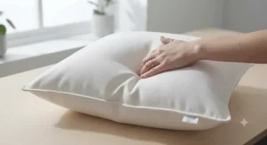 Close-up view of premium white hollowfibre filling being fluffed into a square cushion pad to show durability and bounce[cite: 2]