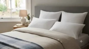 Plump hotel-quality firm super king pillow styled with crisp white bed linen for a luxury bedroom aesthetic.