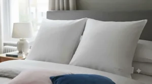 Hotel-style bed dressing featuring stacked European square pillows against the headboard.