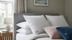 Demonstrating how to plump and insert a feather pad into a 65x65cm European square pillow cover.